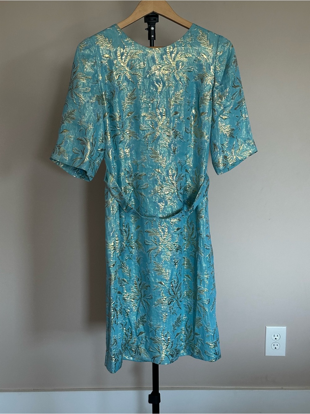 Turquoise and Gold Brocade Short Sleeve Dress